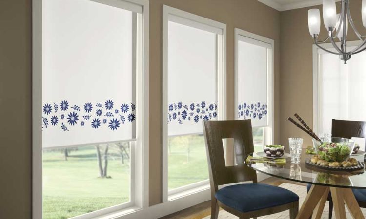 Graphic blinds with custom printed artwork on roller shades