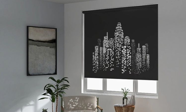 Laser roller shades with decorative cut-out patterns on large windows
