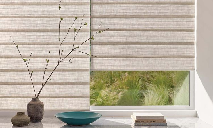 Roman shades with soft fabric folds on a living room window